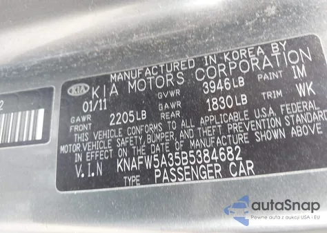 2011 Kia Forte Sx z USA, uszkodzony, nr VIN KNAFW5A35B5384682